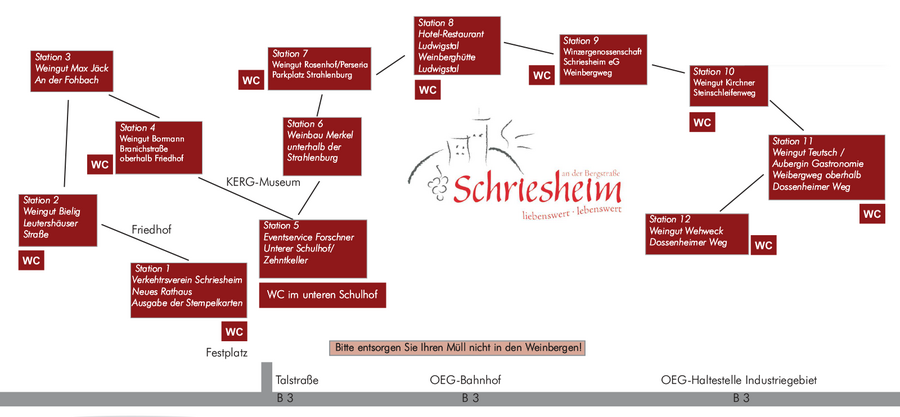 Lageplan mit den Stationen der 25. Weinwanderung in Schriesheim 2023