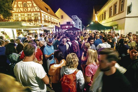 Der Stadtbrunnen ist das eigentliche Zentrum des Straßenfests, im Hintergrund spielt auf der Bühne die Band „Thatway“. Foto: Dorn