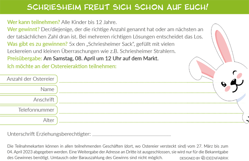 Schriesheim neu entdecken - Heimat shoppen - Ostereieraktion 27.3. - 04.04.2023 - Teilnahmekarte