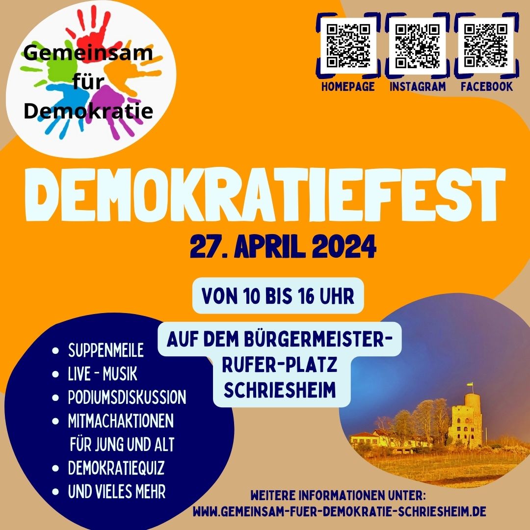 Schriesheimer Demokratiefest am 27. April, 10:00 Uhr bis 16:00 Uhr, Bürgermeister-Rufer-Platz Schriesheim