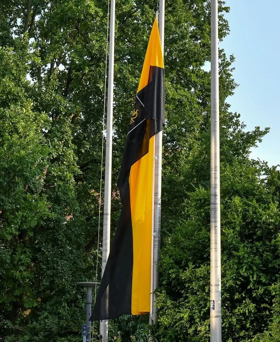 Als Zeichen der Trauer wurde gestern, nachdem der Tod Peter Riehls bekannt geworden war, die Schriesheimer Fahne am Rathaus auf halbmast gesetzt. Foto: Dorn